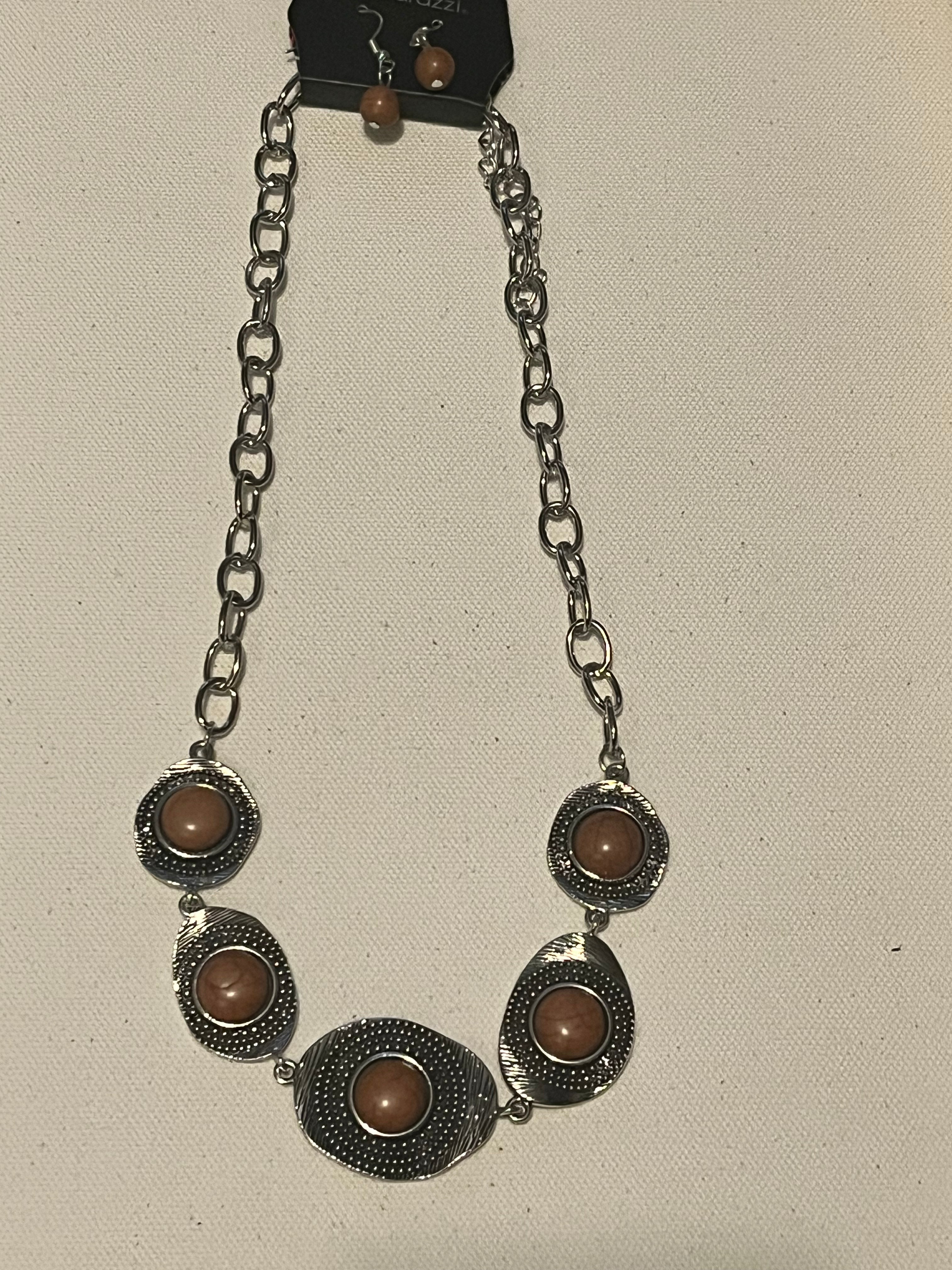Brown and silver necklace and earrings